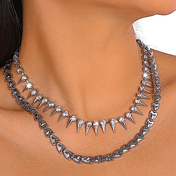Spiked Silver Zircon Multilayered Choker Necklace - Picture 2 of 6